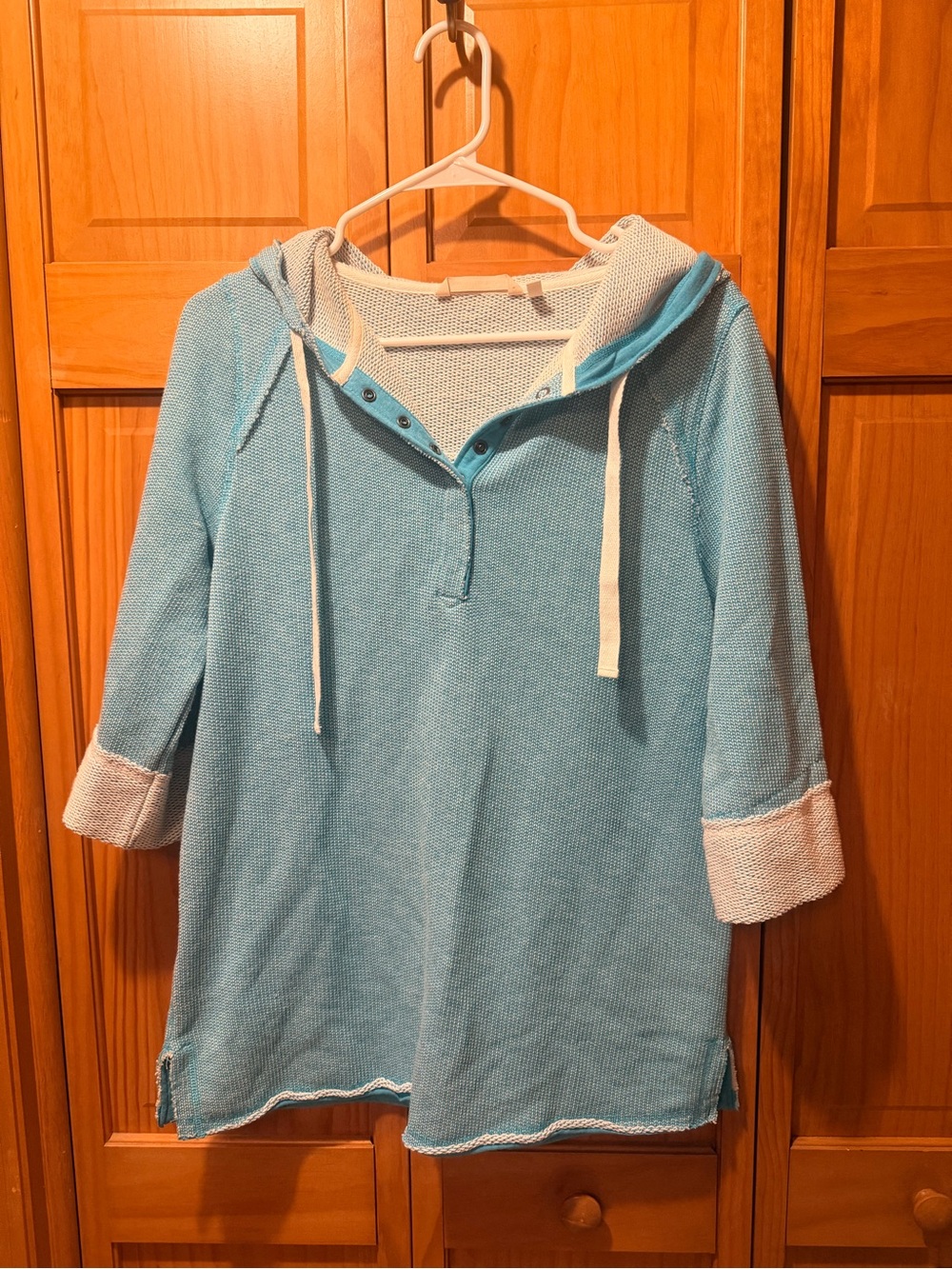 Soft Surroundings Light Blue Hooded Henley Knit Sweater